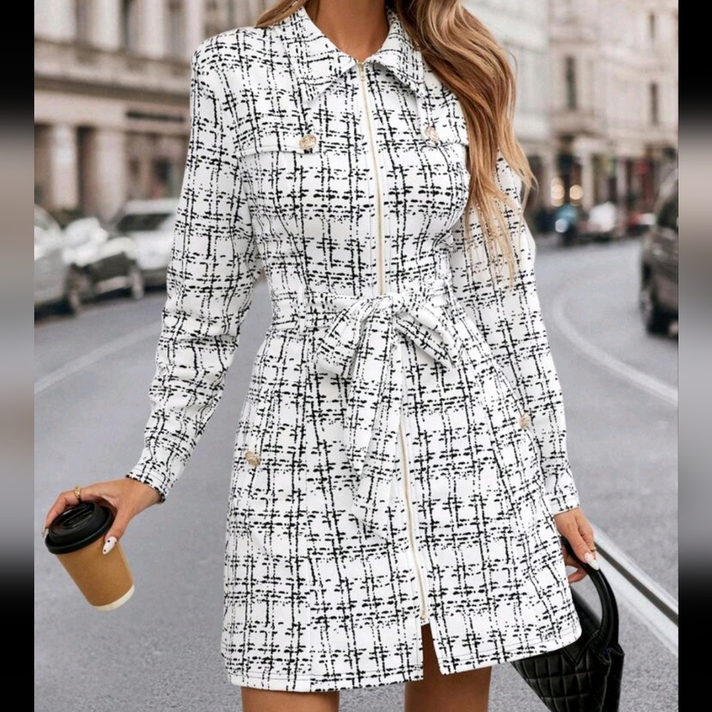 Women's Slim Fit A-Line Turndown Collar Houndstooth Jacket For Autumn/Winter - Picture 2 of 4